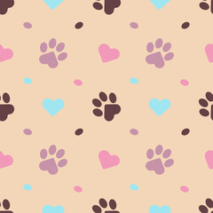 Paws of a cat, dog, puppy. Seamless pink animal footprint pattern for bedding, fabrics, backgrounds, websites, postcards, baby prints, wrapping paper. 