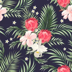 Möbelaufkleber Tropical vector seamless background. Jungle pattern with exotic flowers and palm leaves. Stock vector.   Summer vector vintage wallpaper. © Logunova  Elena