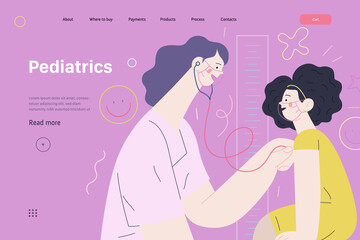 Pediatrics - medical insurance -modern flat vector concept digital illustration - female pediatrician carrying out the auscultation of a little girl with a stethoscope, medical office or laboratory