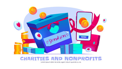 Fototapeta premium Charity and nonprofit organization cartoon banner. Donation box, smartphone, coins and money bills with purse and ribbon. Donate, volunteering help and foundation aid, philanthropy vector concept