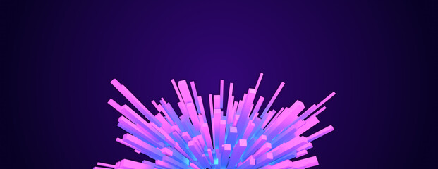 3D colorful geometric cube star explosion, abstract glow square starburst line ray beam, creative chaotic geometry shape, digital blue and purple background with copy space