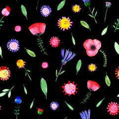 Hand drawn watercolor fantasy flowers seamless pattern on black