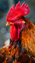 Cock. Close-up of a bright red-orange adult poultry.