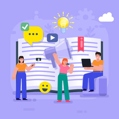 Online video blogging, courses, tutorials. Group of people stand near big diary with various social icons. Modern vector illustration