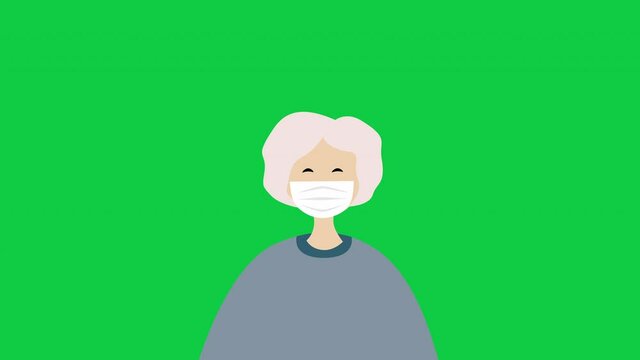Green background with cartoon elder woman wearing medical mask in 4k video.