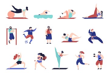 Sport training characters. Gymnastics person, isolated people workout. Girl boy jump, doing exercises and fitness in gym decent vector set. Tennis and swimming, stretching and jogging illustration