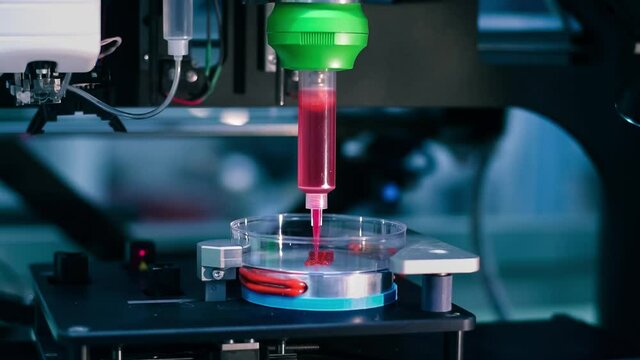 3D printer prints tissues for human surgery. Bioprinting futuristic regenerative medicine. Real process of printing organs and tissue on a 3d printer