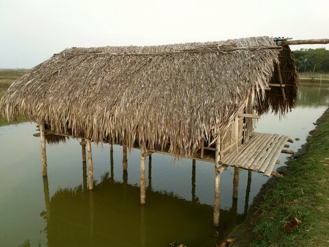 small hut made of bamboo and nipa palm leaves. It is used to watch over the fish culture area of south asian country.