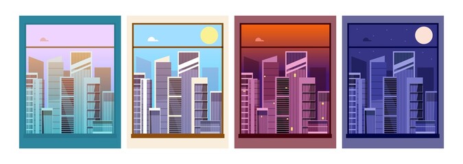 View from window. Night day city, building silhouettes in dusk outside. Time on street, morning afternoon evening downtown utter vector set. Skyline view city horizon, twilight and day illustration