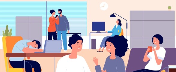 Procrastination concept. Lazy office people, working man sleeping at desk. Girl drink coffee, managers talking and relaxes utter vector illustration. Work lazy procrastination, workplace office