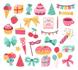 Cute birthday sticker. Party cake, greeting anniversary cupcake. Celebration garlands, doodle elements for cards planner exact vector set. Illustration cake to birthday, celebration sweets