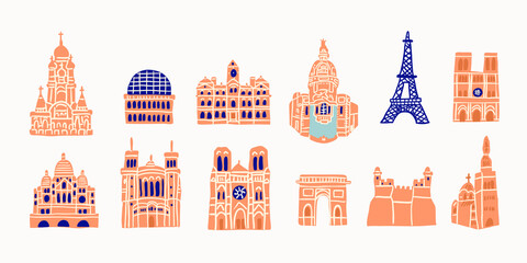 Vector illustration with European old buildings, monuments, cathedrals, towers, notre dame isolated on white background. Paris architecture landmarks isolated.