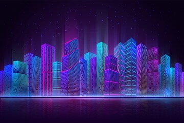 Fototapeta na wymiar Night city panorama. Colorful landscape, retro neon futuristic cityscape. Beach downtown buildings, abstract urban recent vector background. Office building, beautiful view cityscape illustration