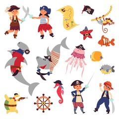 Pirates life. Sea wildlife, ocean plants cartoon shark fish. Children costumes, underwater world marine adventures decent vector characters. Illustration pirate kids, sea wildlife animal