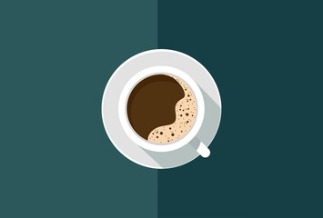 Espresso coffee cup with saucer, top view. Blue duocolor background. Flat style vector illustration