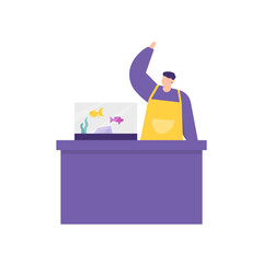 a concept of an ornamental fish seller, fish lover, ornamental fish care services. illustration of a man standing, an aquarium containing several fish. flat style. vector design elements