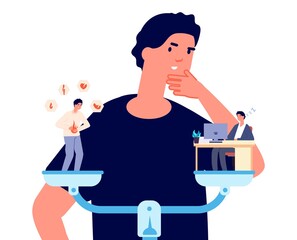 Man choose between health and hard work. Guy thinks and makes choices, burnout at job or body problems vector concept. Choosing decision, opportunity and selection illustration