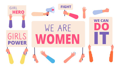 Women rights banners. Woman power, girl rights protest. International female community, hand hold diverse feminism utter social placards vector. Illustration protest female, woman rights demonstration