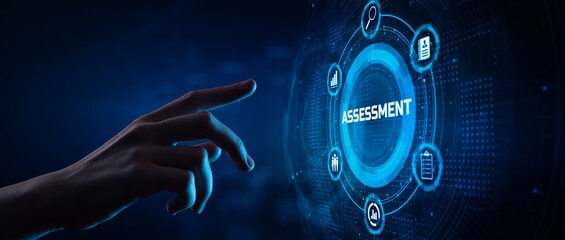 Assessment Evaluation Business Technology concept. Hand pressing button on screen. - obrazy, fototapety, plakaty