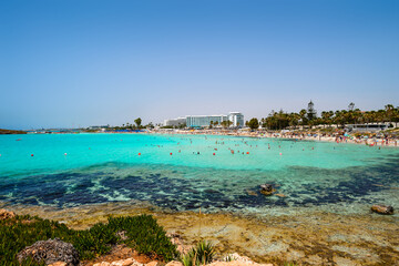 Naklejka na ściany i meble Cyprus beautiful coastline, Mediterranean sea of turquoise color, seascape cyprus, travel concept
