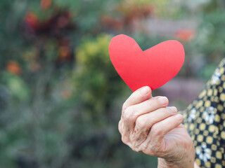 Red paper cut heart shape hold by hand senior woman. Valentine's day. Concept of aged people and love