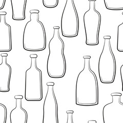 Seamless Pattern, Vintage Bottles Black Contours Isolated on White Background. Vector