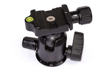 Ball head of a photographic tripod on a white background