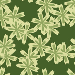 Blossom seamless pattern with light green random flowers print. Green background. Creative blossom ornament.