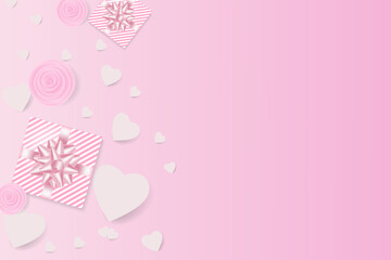 A background with a heart and a real composition for a fashionable banner, poster or greeting card.A festive composition of a gift box, hearts and flowers. Top view vector illustrations.