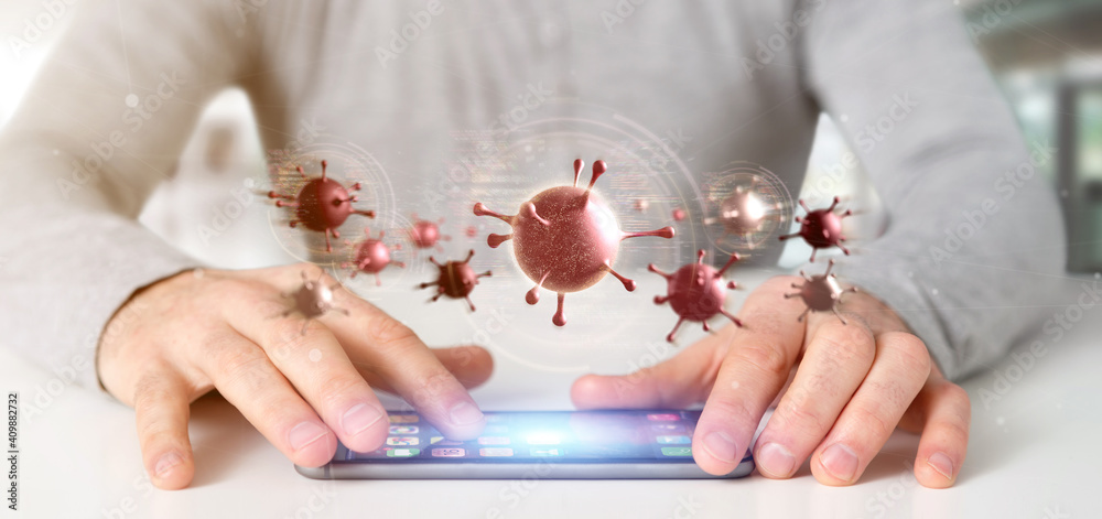 Wall mural businessman holding a group of red virus cell - 3d rendering