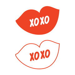 XOXO (hugs and kisses) lettering on the silhouette of the lips kiss in red on a white background. Vector illustration.