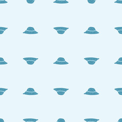 Seamless pattern with creative hand drawn blue panama hats ornament. Pastel light background.