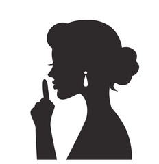 black silhouette Woman hand gesture shows index finger and asks for silence 
