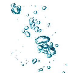 Bubble soda and blue oxygen air, in underwater clear liquid with bubbles flowing up on the water surface, isolated on a white background