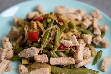 Spicy mala hotpot of fryed mixed vegetables with chiken made at home