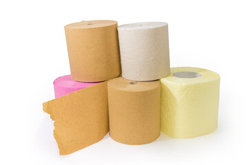 Stack of rolls of toilet paper different quality and colors