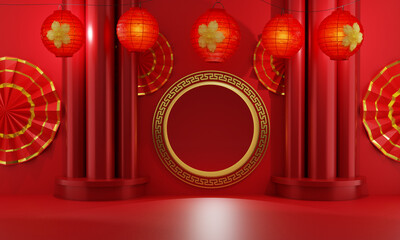 chinese golden gate decorated with red lanterns and red umbrella on a red background and three red pillar