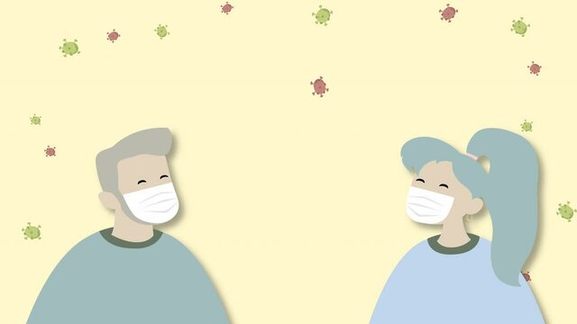 Cartoon man and woman wearing medical masks to prevent coronavirus background in 4k video.