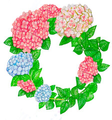 Watercolor pink and blue hydrangea wreath white, hand drawn flourish elements
