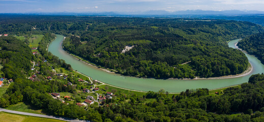Aerial view around the village Unterhadermark beside the river Salzach in Bavaria on a sunny spring day.	