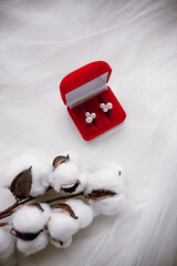 beautiful women's jewelry in a red box and a sprig of cotton on a white background