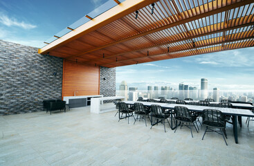 Modern sky lounge  and kitchen on roof top and stunning cityscape view. 3D rendering