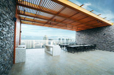 Modern sky lounge  and kitchen on roof top and stunning cityscape view. 3D rendering - obrazy, fototapety, plakaty