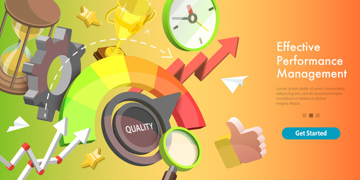 3D Isometric Vector Conceptual Illustration of Efficient Performance Management System, Increasing Efficiency Level.