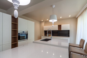 New modern white kitchen. New luxury home. Interior photography