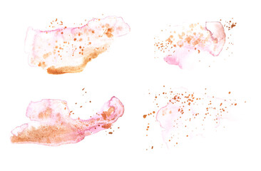 Abstract watercolor pink and gold shapes on white background. Color splashing hand drawn. High quality illustration
