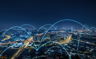 Network connection technology concept with cityscape.