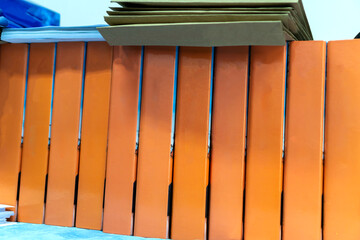 Shelf of business report binders folder rows for insert information paper document tag label and...