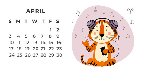 Horizontal desktop calendar design template for April 2022, the year of the Tiger in the Chinese calendar. Calendar with zodiac signs. The week starts on Sunday. Vector stock flat illustration.