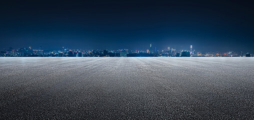 Panorama empty floor platform with night view city skyline background